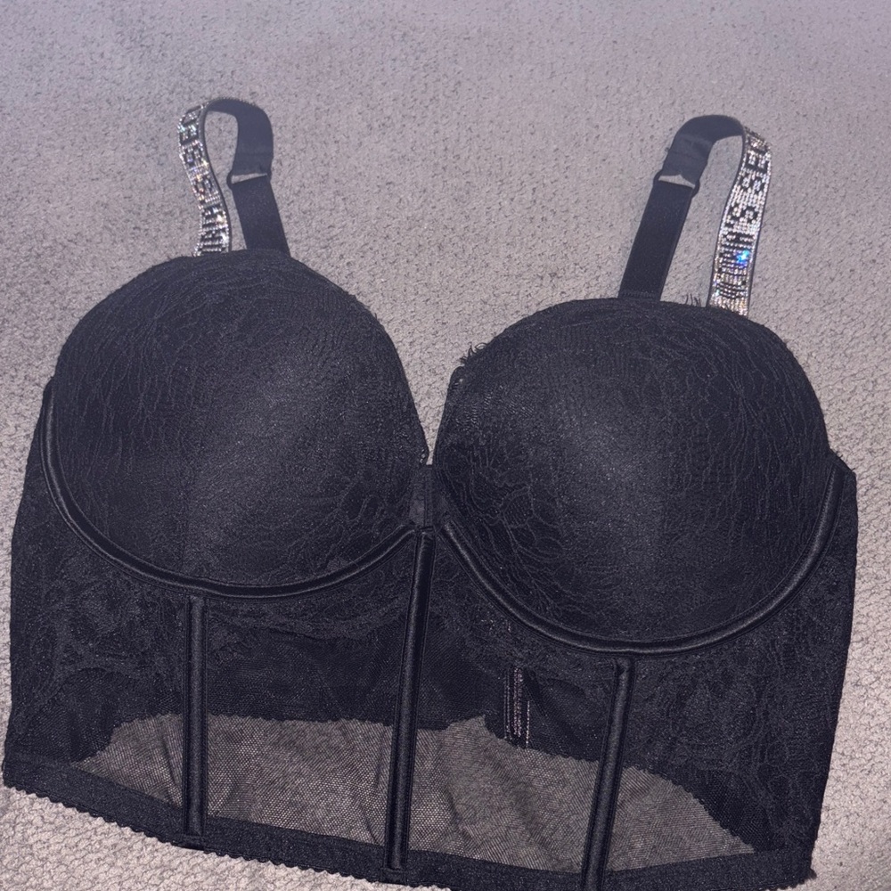 Elegant Black Lace Bustier with Embellished Straps